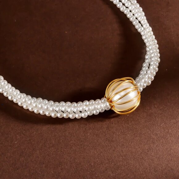 3/$35 Elegant Multi-Strand Faux Pearl Choker Vintage Style Gold Ball Bead Bride - Picture 9 of 10
